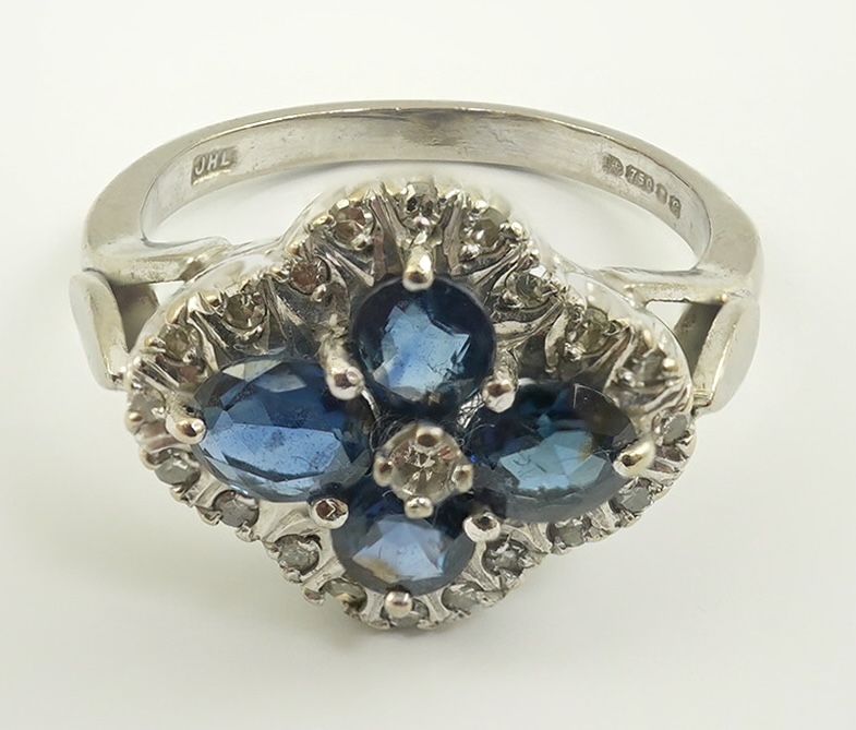 A modern 18ct white gold, sapphire and diamond cluster set ring